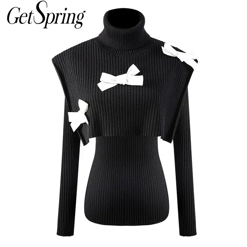 

GetSpring Women Sweater Bow Turtleneck Knitted Crop Top With Slim Knitted Sweater Two Piece Set Fashion Pullovers Women Tops New