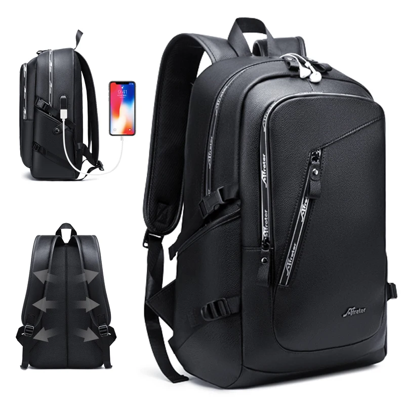 Fashion PU Leather Backpack Shcool Women Men Male 15.6 Laptop Backpacks Waterproof Notebook USB Charging Bagpack Bag Back Pack