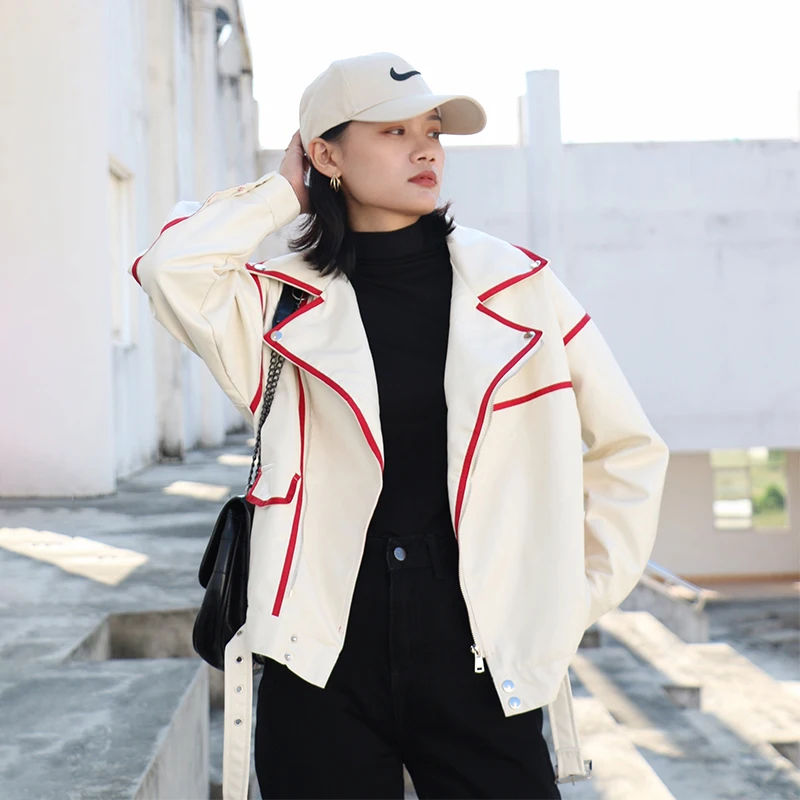 

Ailegogo Women Faux Leather Jacket New Spring Autumn Beige Oversized Coat with Belt Streetwear Long Sleeve Windproof Outwear