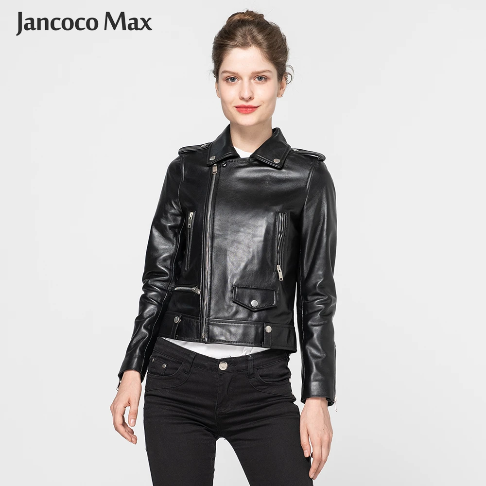 Jancoco Max Демисезонный натуральная кожаная куртка Женская одежда классические черные кожаные пальто новое поступление S8004