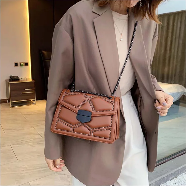 

Rivet Chain PU Leather Crossbody Bags For Women 2021 Simple Fashion Shoulder Bag Lady Luxury Small brand handbags