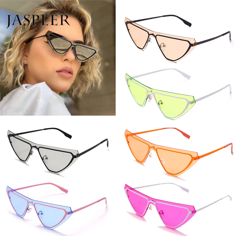 

JASPEER Steampunk Cat Eye Sunglasses Women Punk Rimless Sun Glasses UV400 Candy Color Blue Green Goggle Shades Fashion Accessory