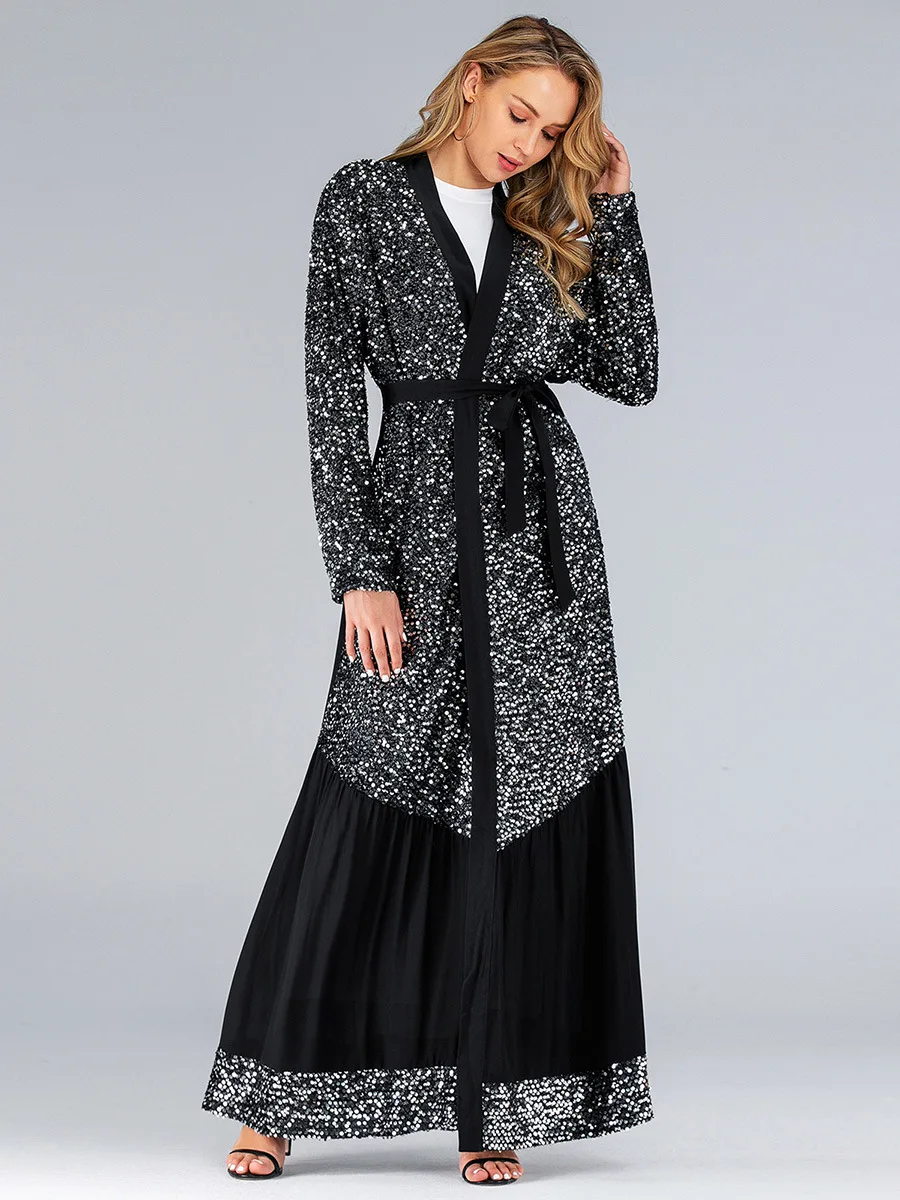 2021 Sequins Black Eid Abaya Dubai Kaftan Kimono Cardigan Muslim Hijab Dress Women Dubai Turkish Islamic Clothing Vetement