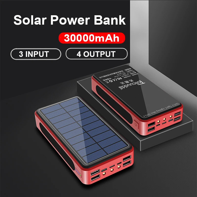 

Hot 30000mAh Solar Power Bank 4 USB powerbank External Battery Portable Charging with LED Light 3 input For Mobile Phone