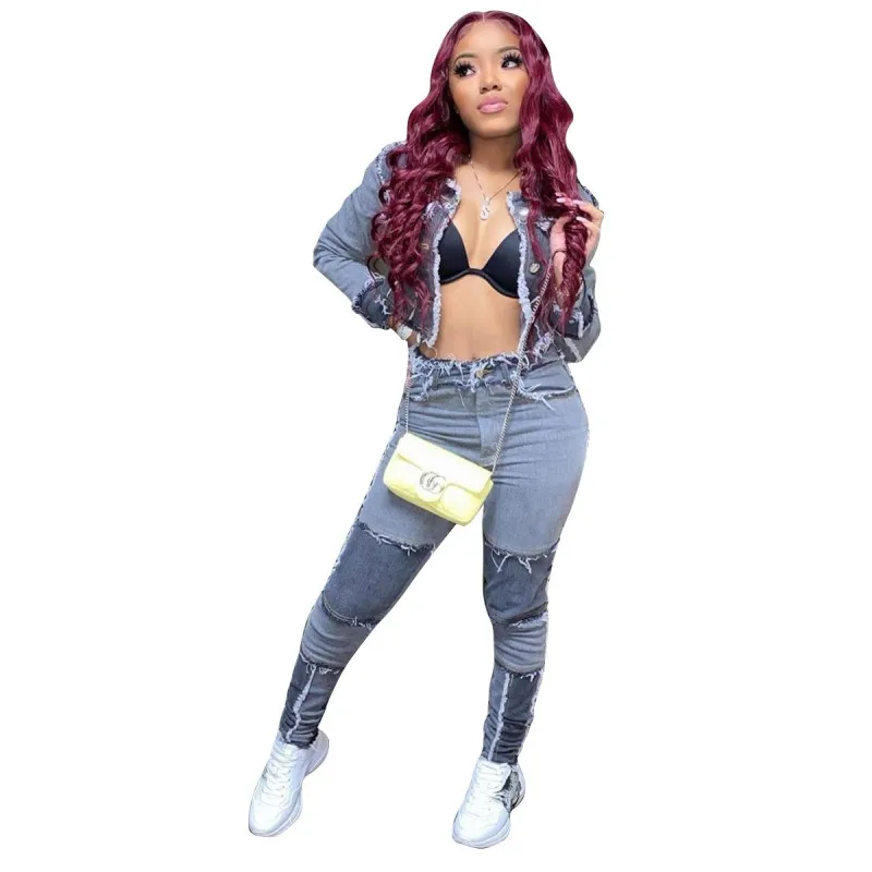 

Женский повседневный костюм из двух предметов, укороченный жакет с отложным воротником и узкие джинсы, модный винтажный джинсовый костюм в ...