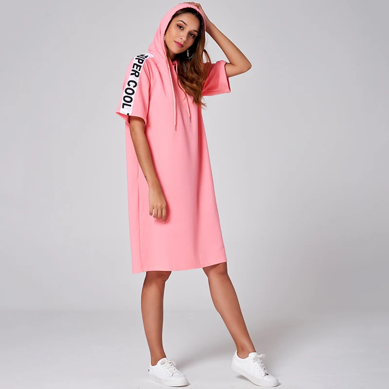 

Summer Girl Fashion Pink Hooded Letters Loose and Thin Wild College Style Cotton Women's Small Sweater Dresses