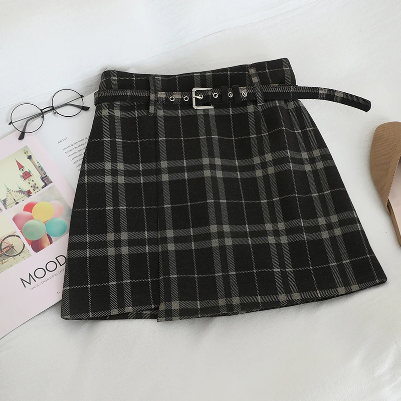 HELIAR Preppy Plaid Woolen Shorts With Pocket Women Sashes Shorts Wide Leg Outwear Shorts Fall Winter Street Shorts Women
