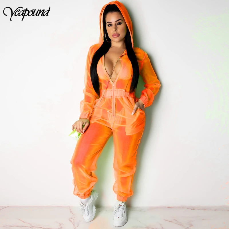 

Women Long Sleeve Transparent Bodycon Jumpsuit Hooded Zipper Up Sexy Beach Stretch See Through Mesh Jumpsuits