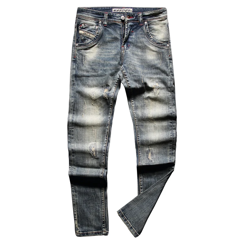 European American Vintage Fashion Men Jeans High Quality Retro Slim Fit Ripped Jeans Men Distressed Designer Cotton Denim Pants