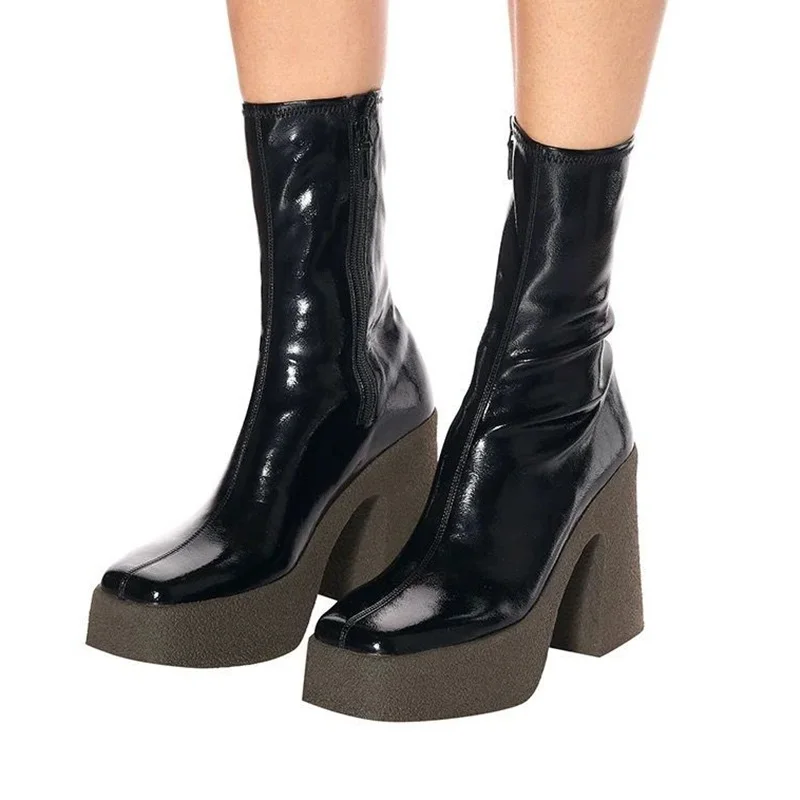 

new 2020 autumn winter brand elastic leather shoes for women ankle boots sexy high heelsbalck brown gray platform long boots