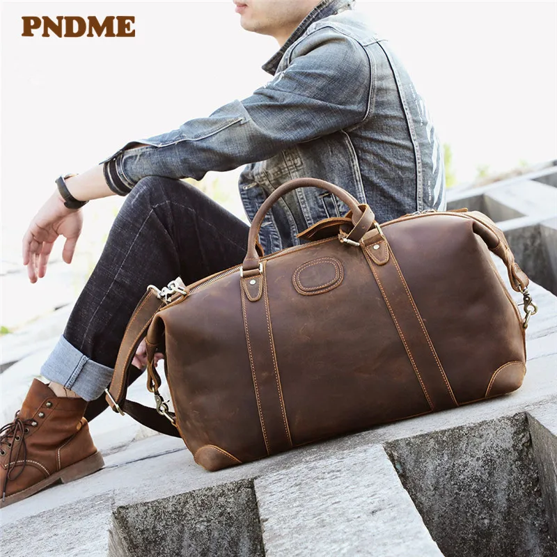 PNDME винтажная большая Вместительная дорожная сумка из воловьей кожи crazy horse для