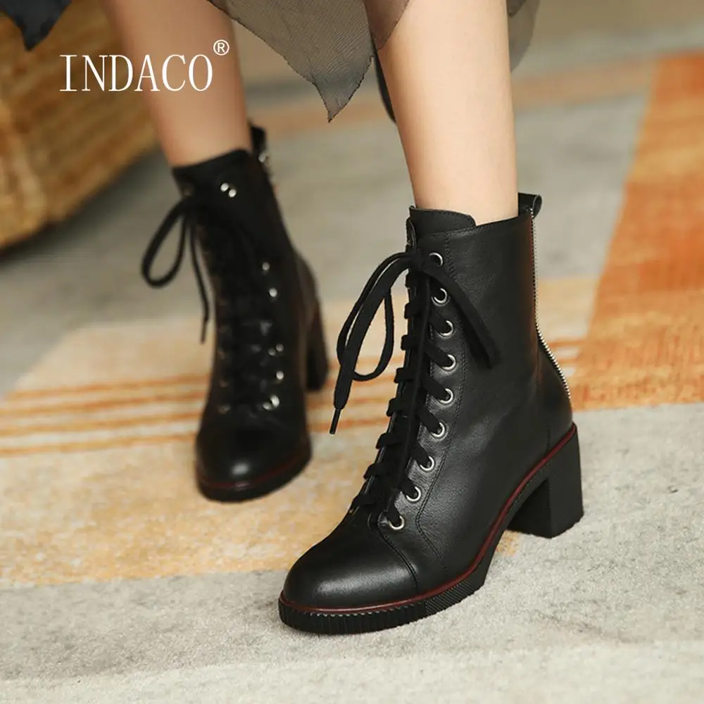 

Leather Boots Women Winter Warm Shoes lace Up Ankle Boots For Women Short Plush Thick Heel White Boots