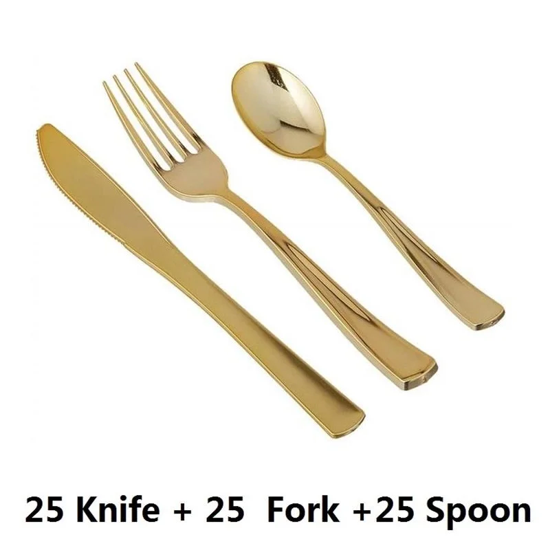 

75-300pcs Disposable Wedding Plastic Gold Tableware Set Dessert Fork Ice Cream Spoon Knife Christmas Party Golden Dinnerware