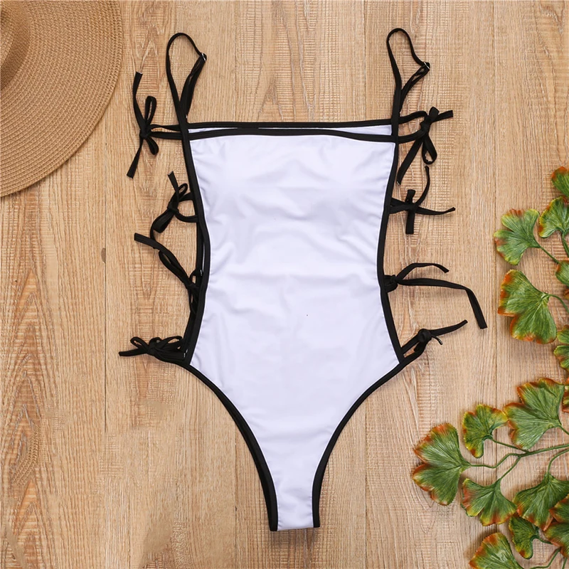

Women's Swimsuit Beach Tight One Piece Backless Swimwear Fashion Solid Color Sexy Hollow Lace High Waist Swimsuit Bandage Bikini