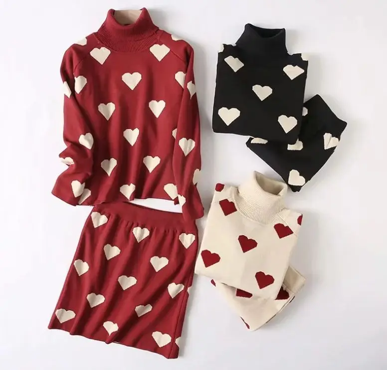 

Hcless 2019 осень и зима корейский женский темперамент сладкий любовь жаккардовый вязаный свитер с высоким воротом + юбка