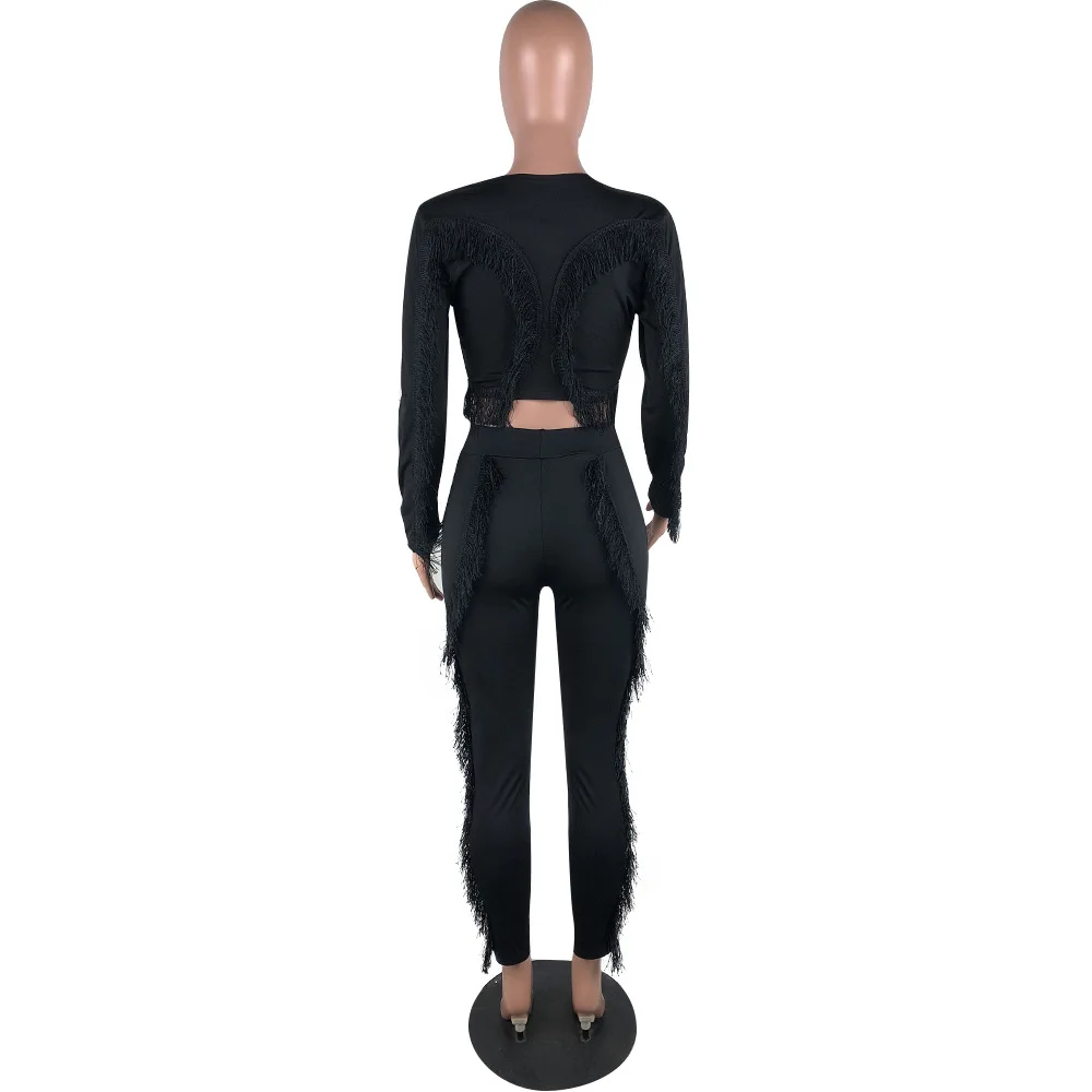 

Black Tassels Patchwork Long Sleeve Crop Tops+high Waist Skinny Legging Casual Deep V Neck Matching Sets Party Club Slim Outfit