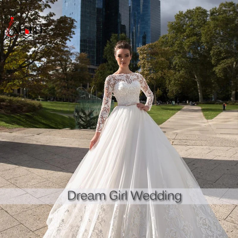 

Свадебные платья для невесты, ТРАПЕЦИЕВИДНОЕ свадебное платье с длинным рукавом, кружевное с аппликацией из бусин, Кристальные свадебные п...