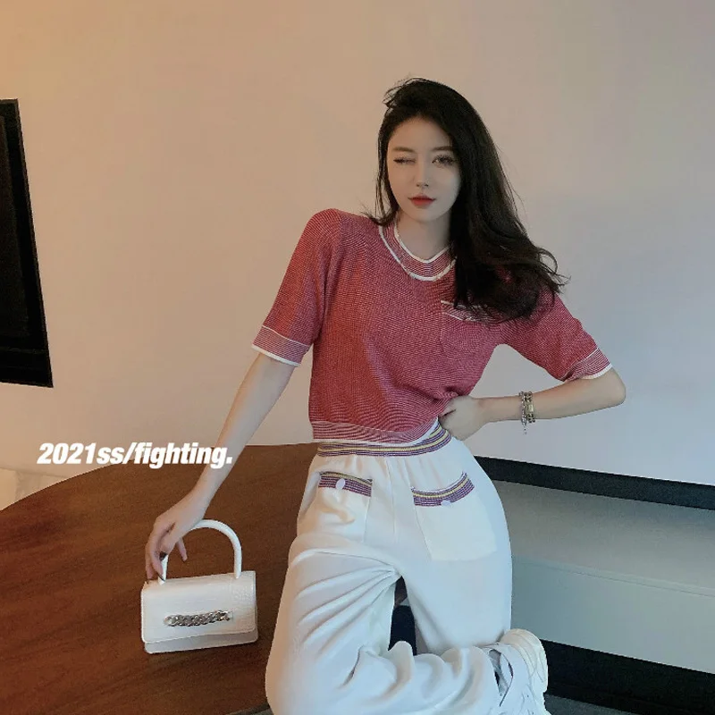 

Women's Short-Sleeved T-shirt Summer Korean Style round Neck Gentle Elegant Loose Slimming 2021 New Knitted Short Top Fashion