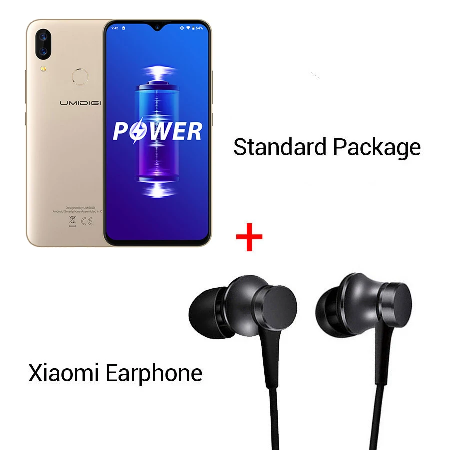 UMIDIGI power Android 9,0 5150 мАч большая батарея 18 Вт 6,3 'FHD+ экран капли воды 4 Гб+ 64 Гб Helio P35 глобальная версия смартфона 16 МП - Цвет: Gold n Earphone