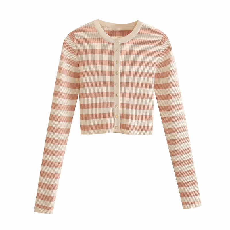 

Stylish Sweet Striped Cropped Knitted Cardigans Women 2021 Fashion O-Neck Short Sweaters Girls Casual Tops