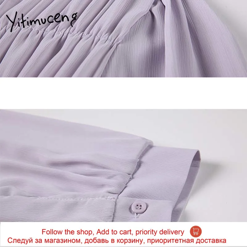 

Yitimuceng Ruched Dresses Women Summer Spring Zipper High Waist Long Sleeve Unicolor Purple Apricot 2021 Fashion New Midi Dress