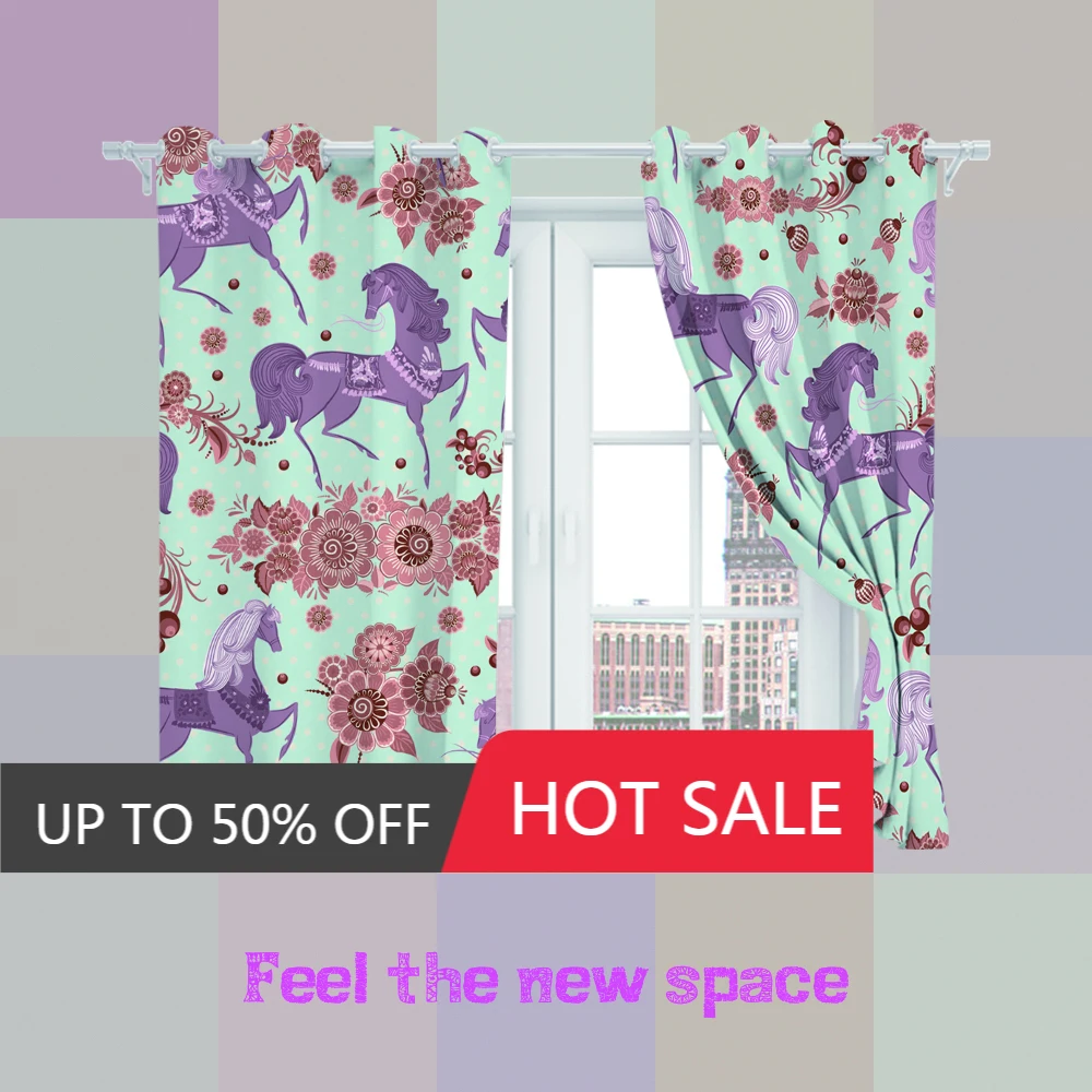 

Full Shade Sunscreen Customized Horse Kitchen Bedroom LivingRoom Princess Bay Window Punch Hook Blackout Curtain New Arrival