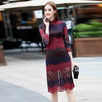 retro hollow lace ladies banquet elegant dress fashion stand collar seven point sleeves contrast color slim qipao dress