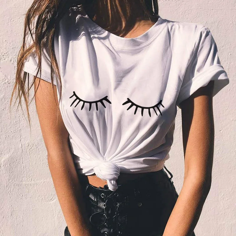 Футболка женская с круглым вырезом модный белый топ принтом ресниц в стиле