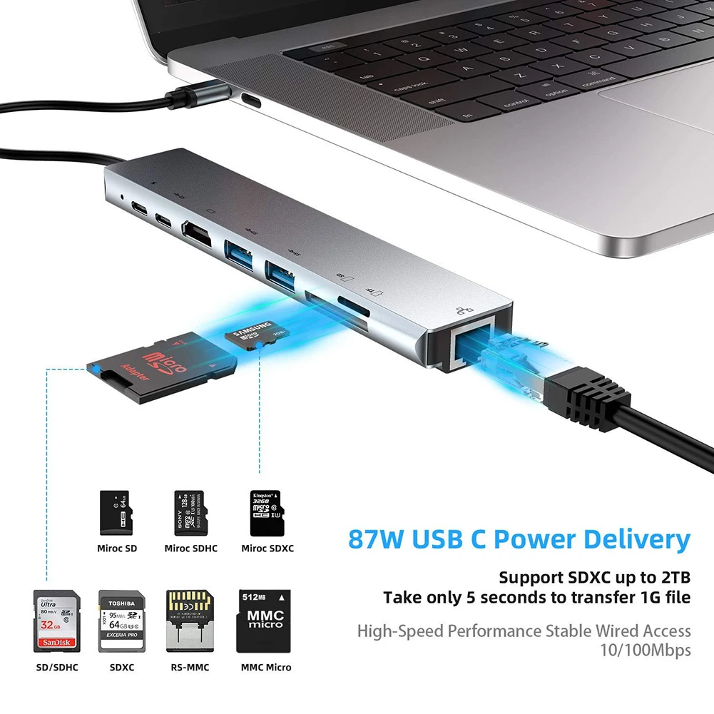 

Док-станция 8 в 1, совместимая с USB 3,0/SD/TF кардридерами
