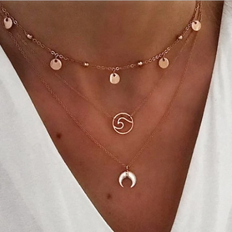 2019 простой дизайн многослойное ожерелье для женщин Золотая волна Луна колье s