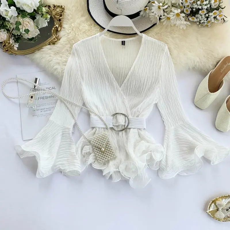 FTLZZ Elegant Sashes Bandage Autumn Women Blouse Shirt V Neck Korean Style Ruffle Long Sleeve Chiffon Top | Женская одежда