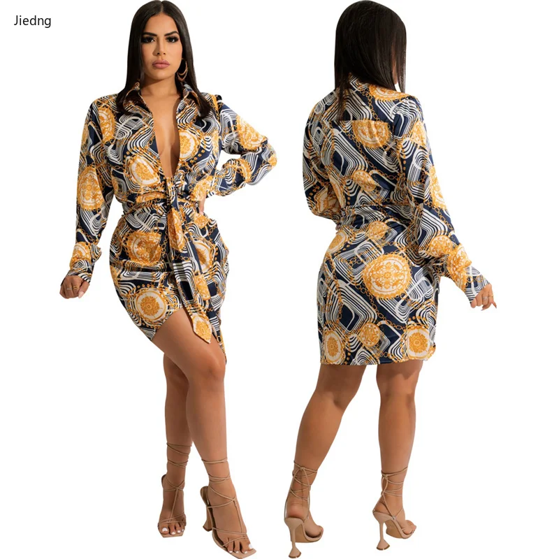 

Платье-рубашка женское с V-образным вырезом, приталенный Кардиган с длинным рукавом и принтом, пикантное вечернее платье для ночного клуба, ...