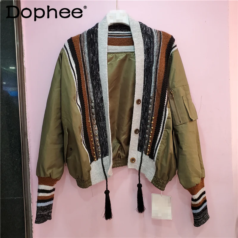 

Модная вязаная бейсбольная форма в Корейском стиле, свободная приталенная бейсбольная куртка контрастных цветов с V-образным вырезом, Осен...