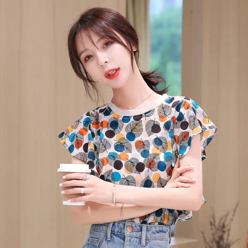 

Fashion floral chiffon shirt women's summer top 2021 new short o neck slim blouse SP1078