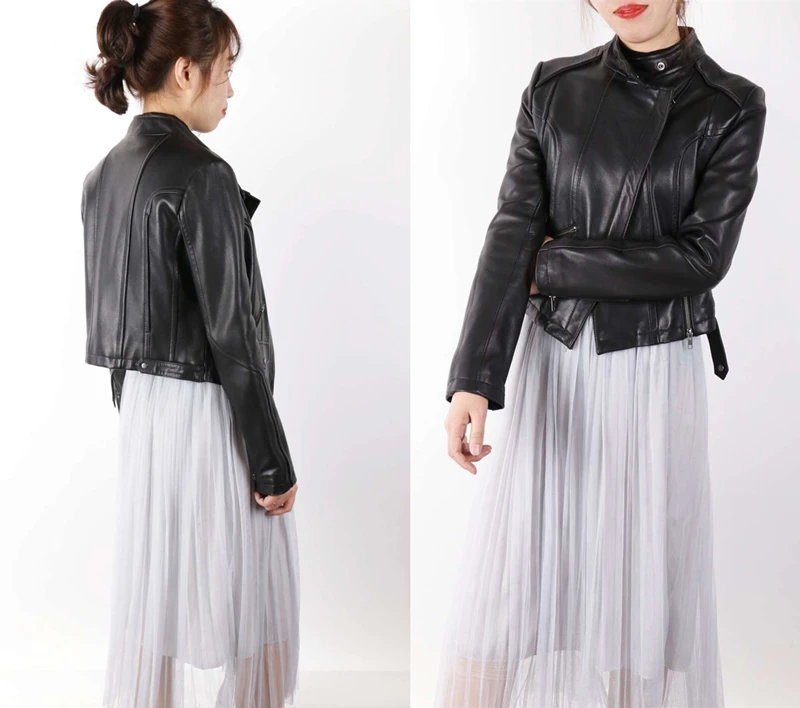 Women's branded genuine leather motocycle coats ladies natural sheepskin jackets turn-down collar black plus oversized 2xl xxl