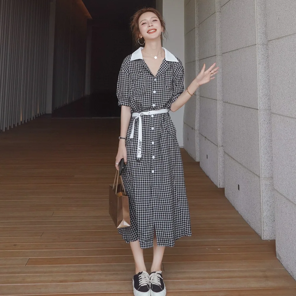 

Women's Dress 2021 Summer New Retro Contrast Color With Belt Waist Lapel Black White Grid Fashion Single-Breasted Shirt Dress 68