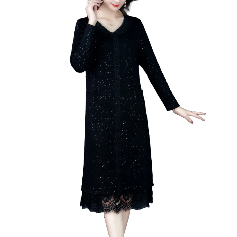 

New Autumn Black 5XL Plus Size Knitting Lace Sequins Dress Spring Vintage Casual Midi Dress Women Bodycon Elegant Party Vestidos