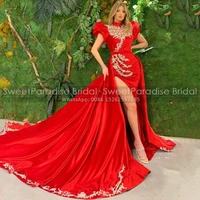 red streamer mermaid evening dresses with gold appliques high split long train sheer high neck puff sleeve celebrity dress party