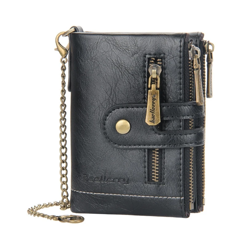 

Chain Wallets for Men Rfid Blocking Genuine Leather Bifold Stylish Black Wallet Credit card With Coin Pocket 4 Colors