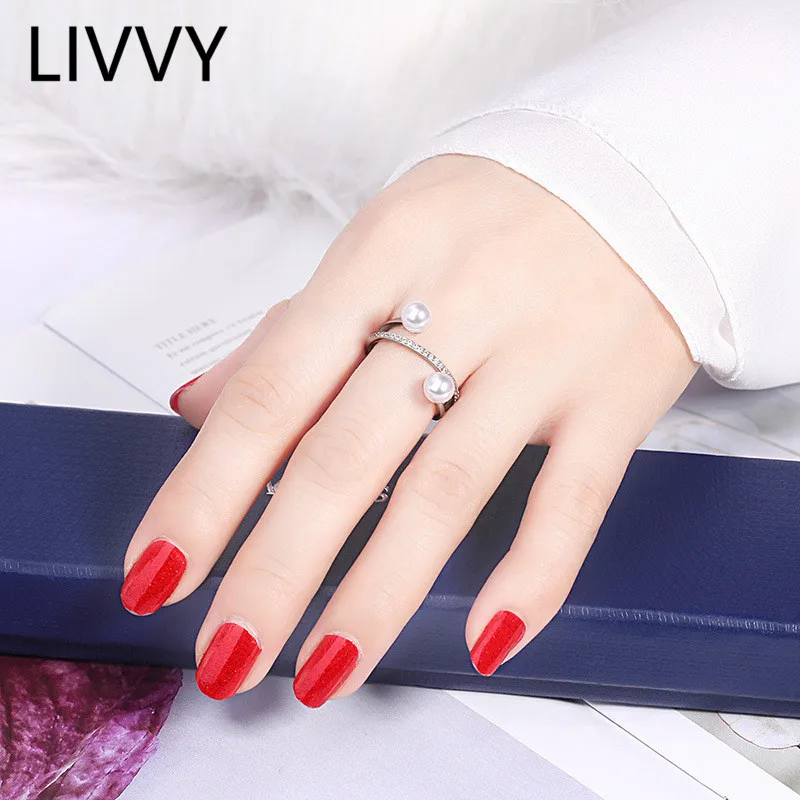 

LIVVY Minimalist Fashion Silver Color Double Pearl Zircon Rings For Women Simple Adjustable Fine Jewelry Accessories