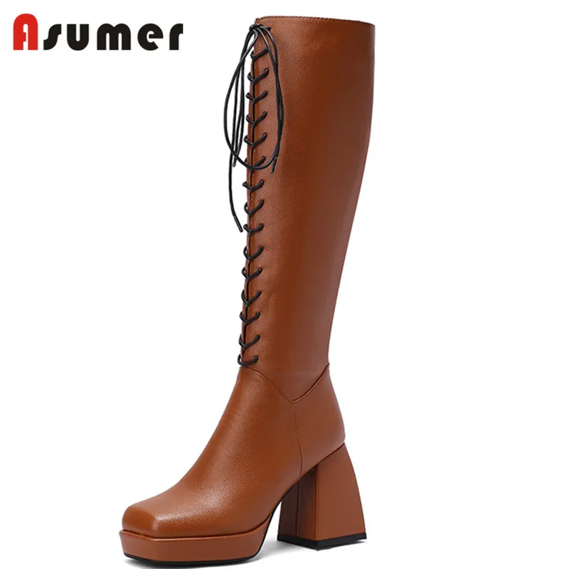 

Женские сапоги до колена Asumer, черные сапоги из искусственной кожи на платформе и высоком квадратном каблуке, винтажная модная обувь, 2021