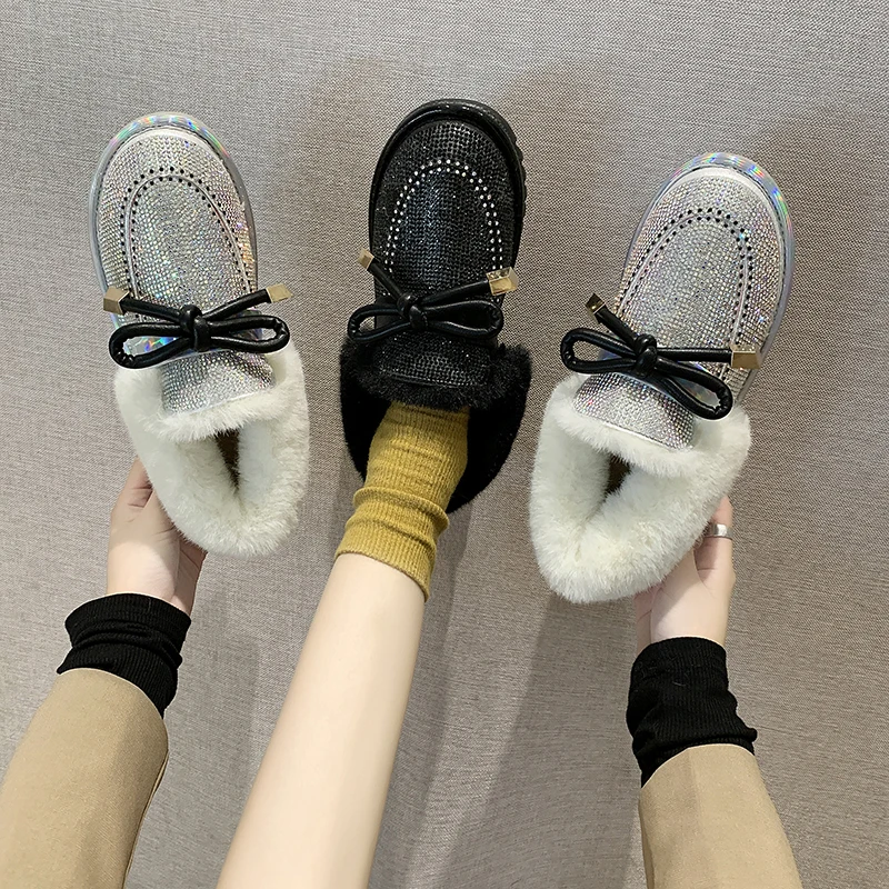 Shiny Glitter Snow Boots Women Fashion Warm Plush Ankle Boots Woman Non Slip Botas Mujer Butterfly-knot Decoration