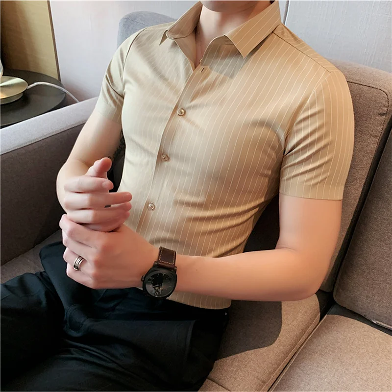

2021 High Quality Striped Shirt Men Business Formal Shirts Summer Short Sleeve Casual Shirts Social Clothing Camisas Masculina