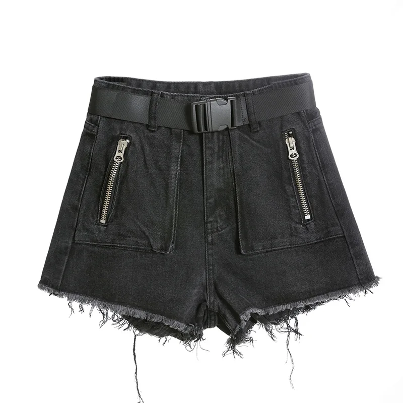 

EasyGarment 2021 Spring Summer New Women High Waist Double Zipper Denim Super Short Shorts Black Thin Cool Hot Pants