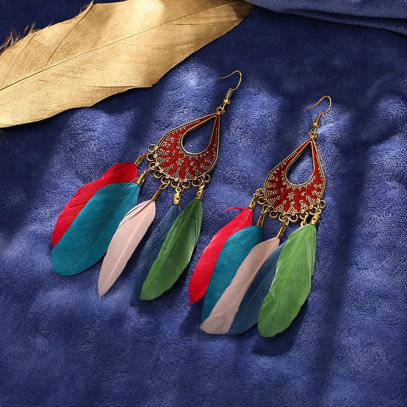 

Feather Earrings Bohemian Retro Hollow Water Drop Long Earrings Tassel Feather Jewelry