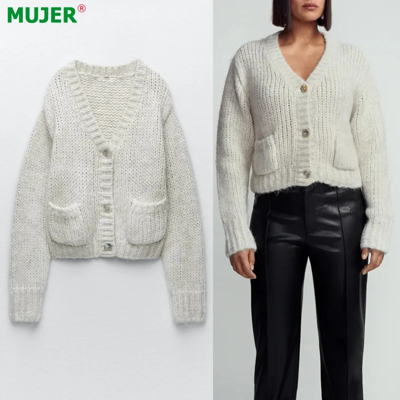 

Женский Укороченный трикотажный кардиган Za, белый кардиган с длинным рукавом, зимнее пальто, осень 2021