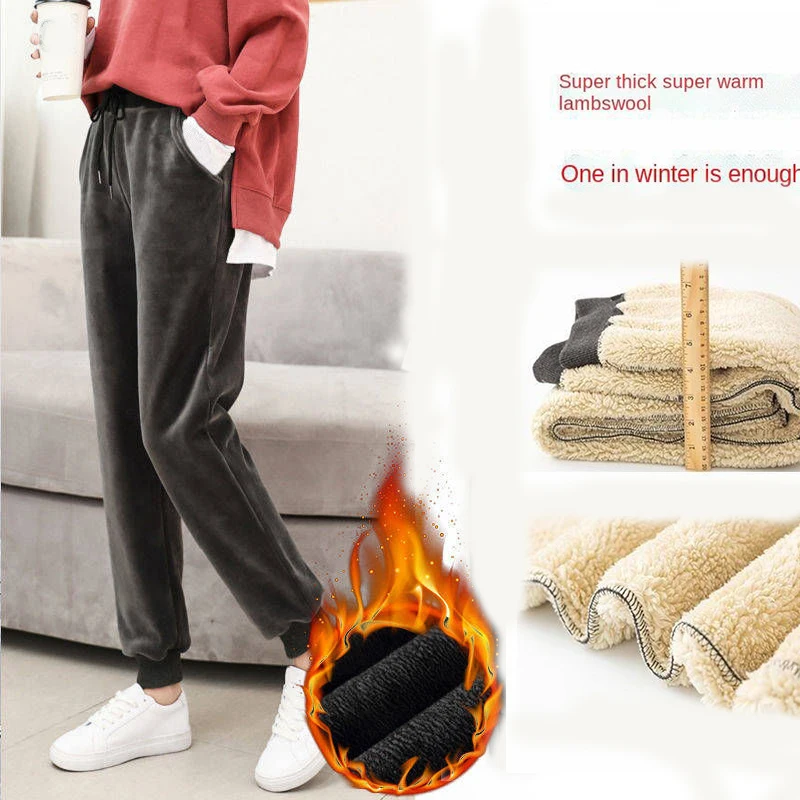 Korean Fashion Plus Velvet Thicken Warm Drawstring Pants Women's Autumn Winter Street Style Solid Casual Trousers Gym Pants 3XL