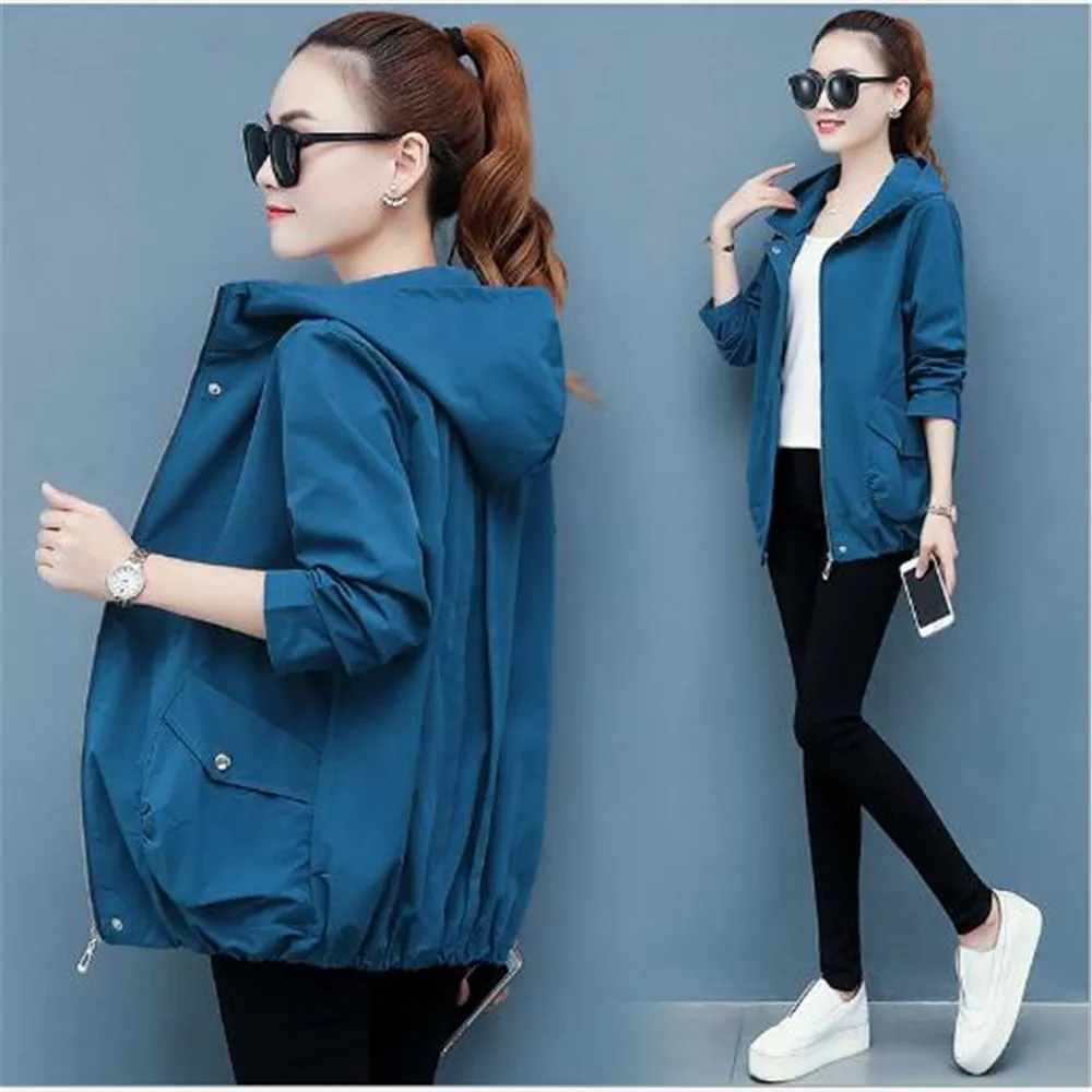 

Spring and Autumn Hot New Korean Casual Women's Loose Wild Jacket Hooded Trench Coat Windbreaker
