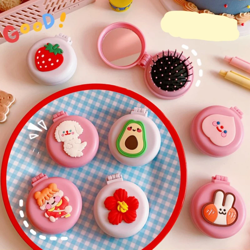 

Cute Massage Folding Mirror with Comb Portable Pocket Small Travel Girl Hair Brush with Mirror Styling Tools Mini Pocket Mirror