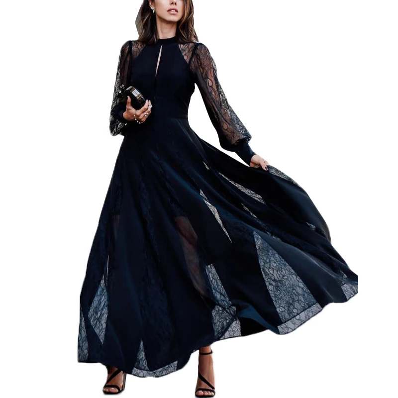 

Black Lace Stitching Dress 2021 Spring Niche Design Big Dress Shows Thin Dress